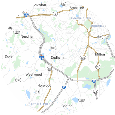 Best roofers in Dedham, MA map