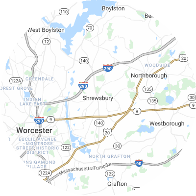 Best window replacement companies in Shrewsbury, MA map